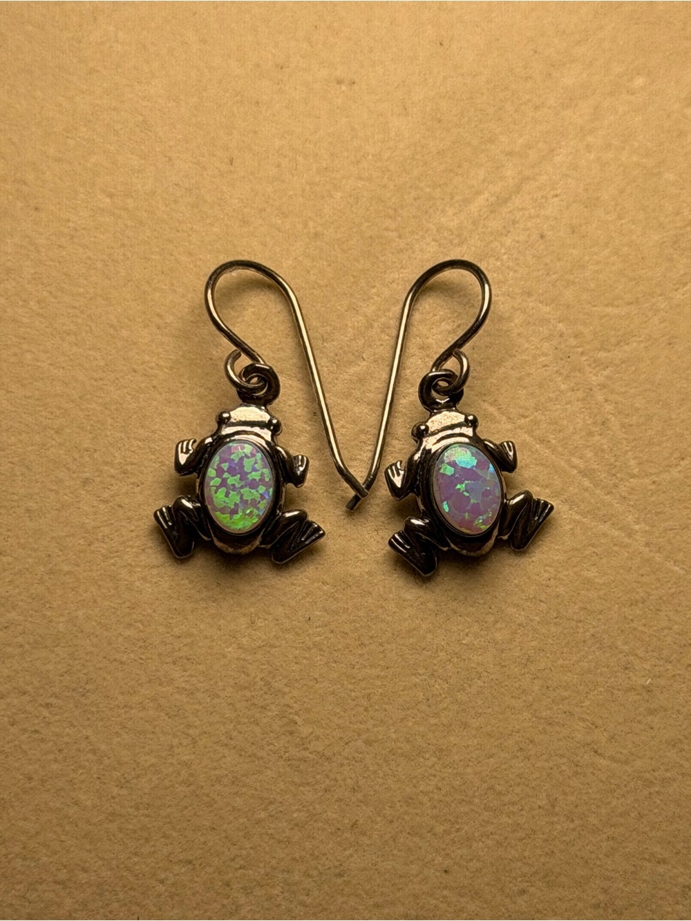 925 Sterling Frog Dangle Earrings with Green-Blue Opal Inlay